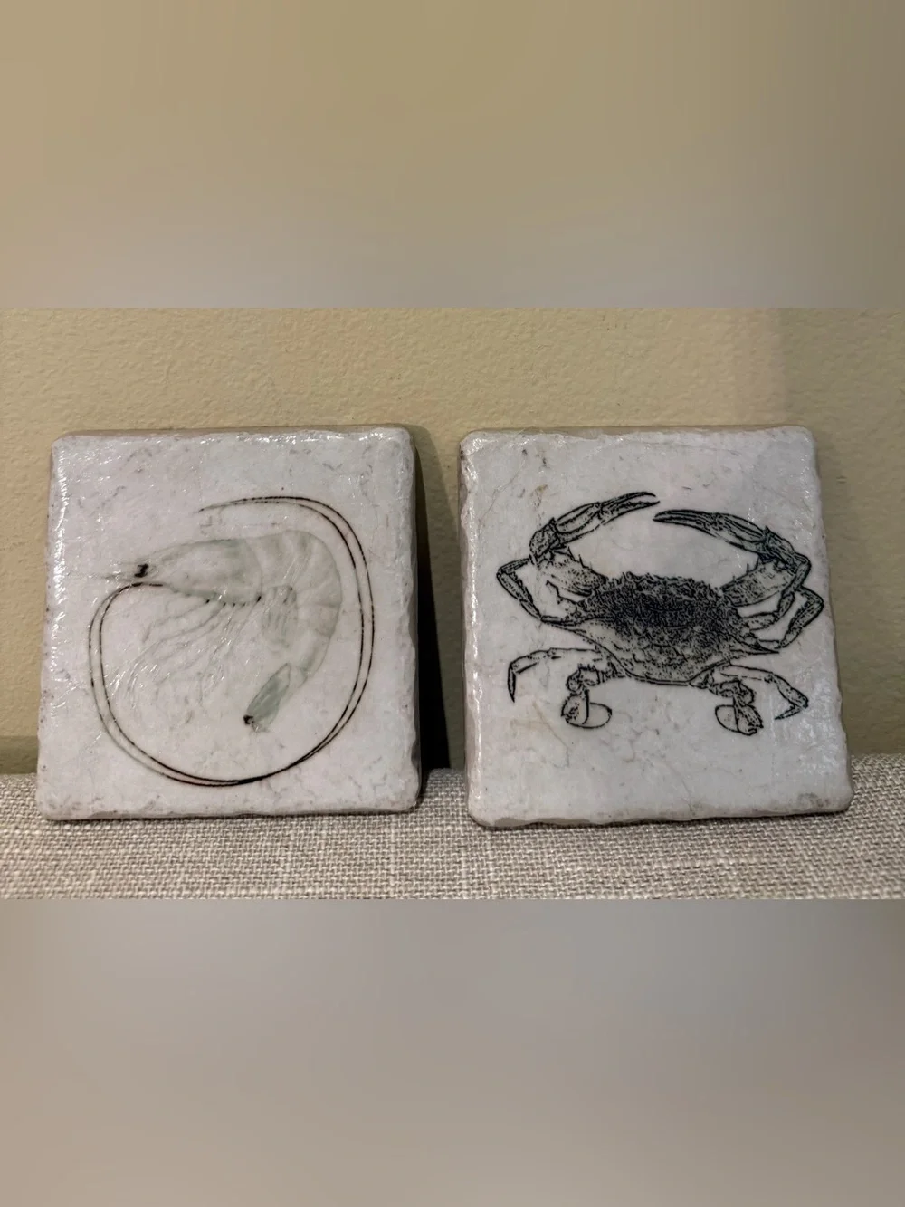 Linda Creel Stone Coasters Set of 2 Crab & Shrimp Ocean Springs Mississippi⁠
